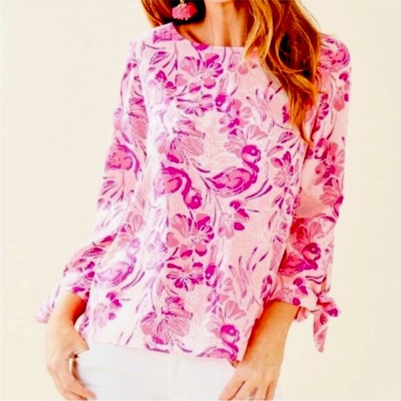 NEW Lilly Pulitzer Langston Top Flamingos Coral Reef Tint Size XS - Picture 1 of 7